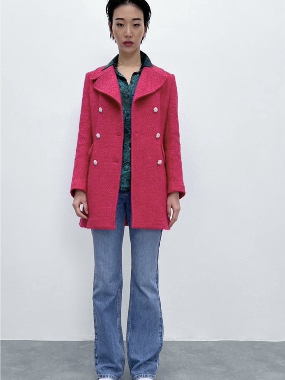 Zara Hot Pink Double-Breasted Pea Coat